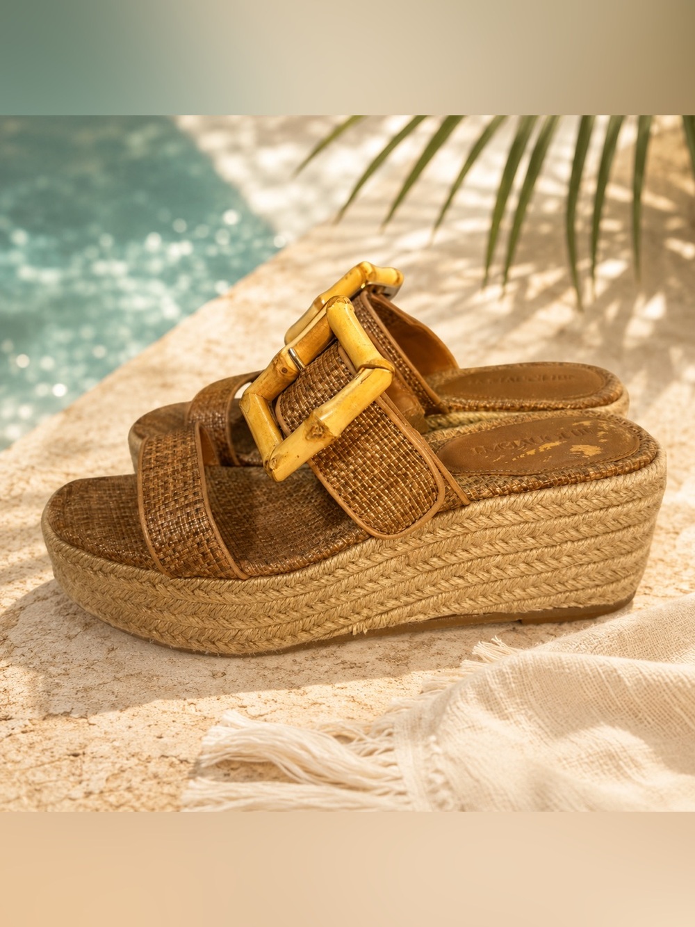 J. McLaughlin Fleur Raffia Espadrille Platform Wedge Sandals Bamboo Buckle Sz 6 - Picture 2 of 8